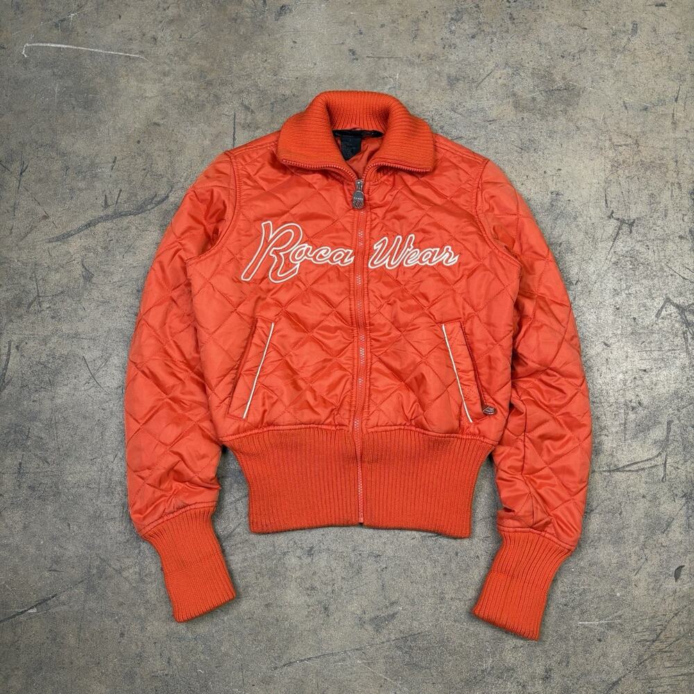 Y2K 2000s Fitted Rocawear Orange Women’s Bomber Puffer Jacket Tagged Large.